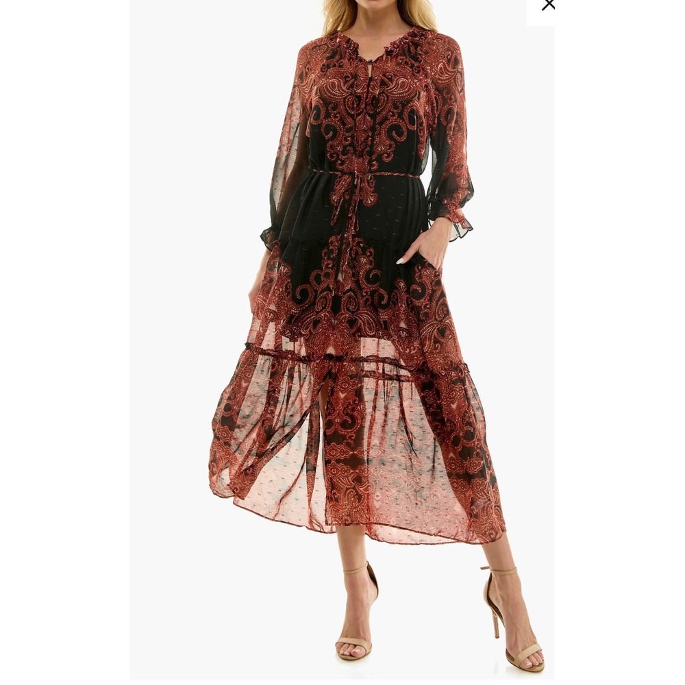 Socialite Womens Paisley Metallic Lurex Tiered Maxi Dress Black Rust XS